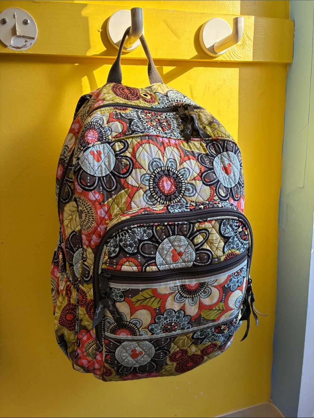 Vera Bradley Floral Quilted Backpack in Yellow, Orange, Brown, Cream, Black